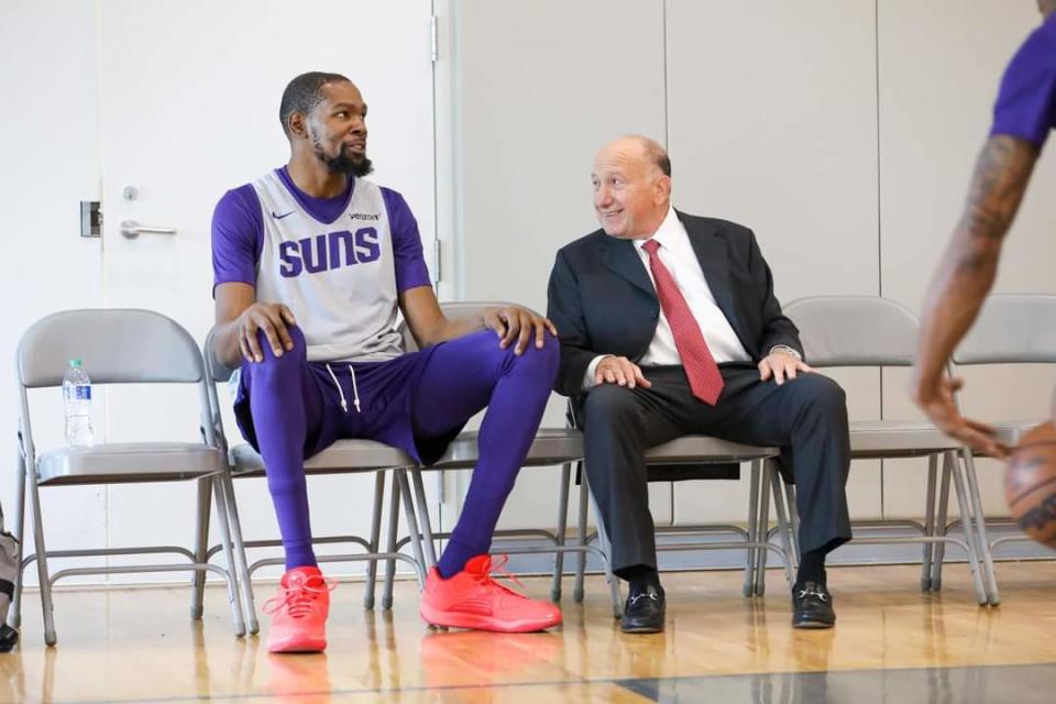 Kevin Durant takes a seat during Phoenix Suns practice at United Wholesale Mortgage on Oct. 9, 2023, in Pontiac, Michigan.