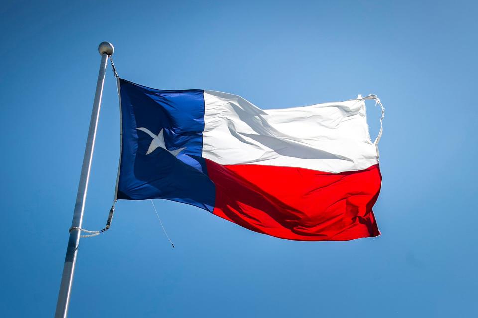 A Texas state flag waves in the wind, Wednesday, March 31, 2021, in Fort Worth, Texas.