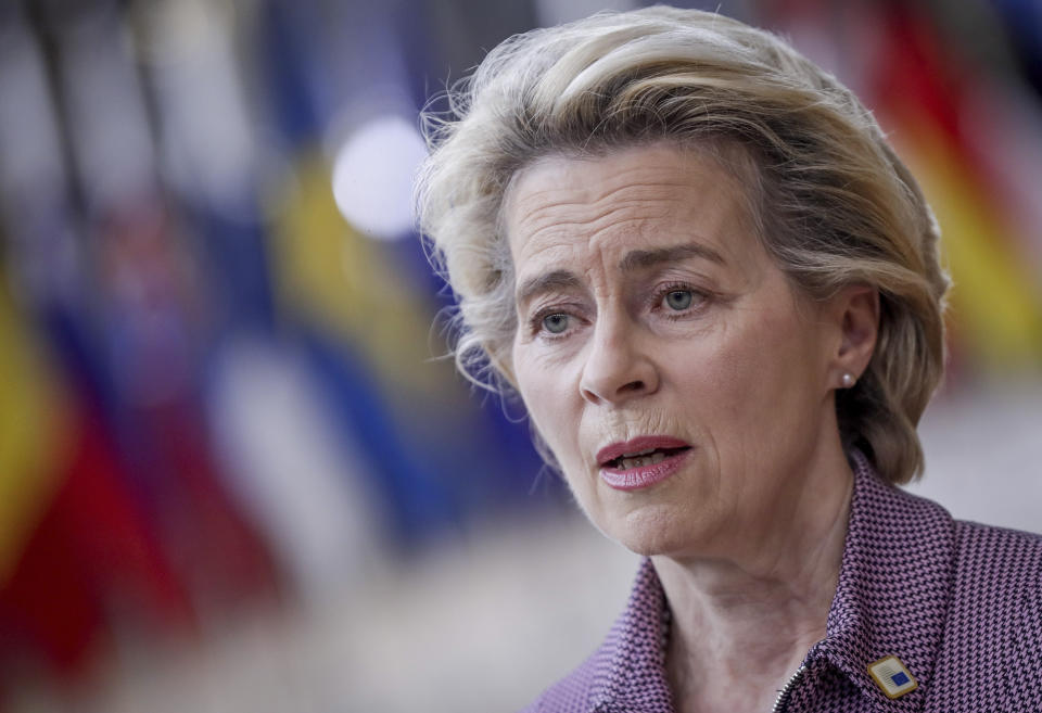 European Commission President Ursula von der Leyen arrives for an EU summit at the European Council building in Brussels, Thursday, Oct. 15, 2020. European Union leaders are meeting in person for a two-day summit amid the worsening coronavirus pandemic to discuss topics ranging from Brexit to climate and relations with Africa. (Olivier Hoslet, Pool via AP)