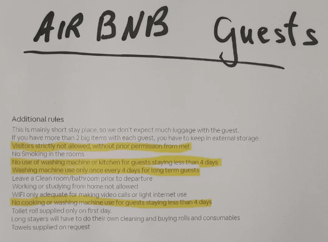 "No cooking or washing machine use for guests staying less than 4 days"