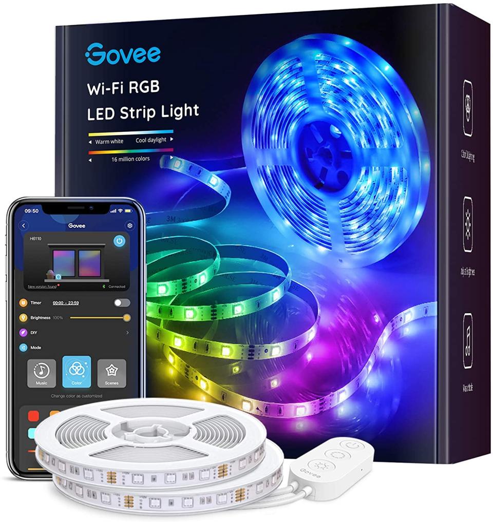 Govee wifi LED strip lights pictured with a smart phone and product packaging.