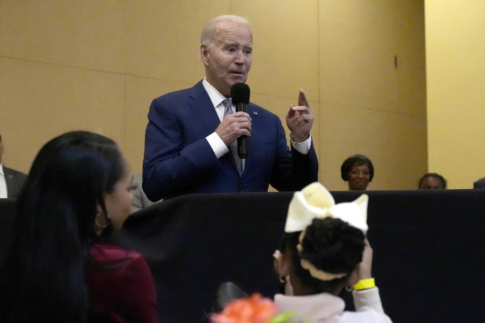 President Joe Biden speaks at the "Sunday Lunch" event at the Brookland Baptist Banquet Center, part of the Brookland Baptist Church, in West Columbia, S.C., on Sunday, Jan. 28, 2024. (AP Photo/Jacquelyn Martin)