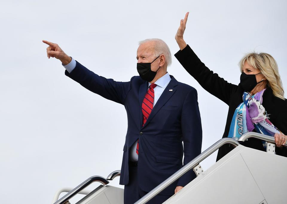 President Joe Biden and first lady Jill Biden board Air Force One before departing from Andrews Air Force Base in Maryland on Feb. 27, 2021.  (Photo: MANDEL NGAN via Getty Images)