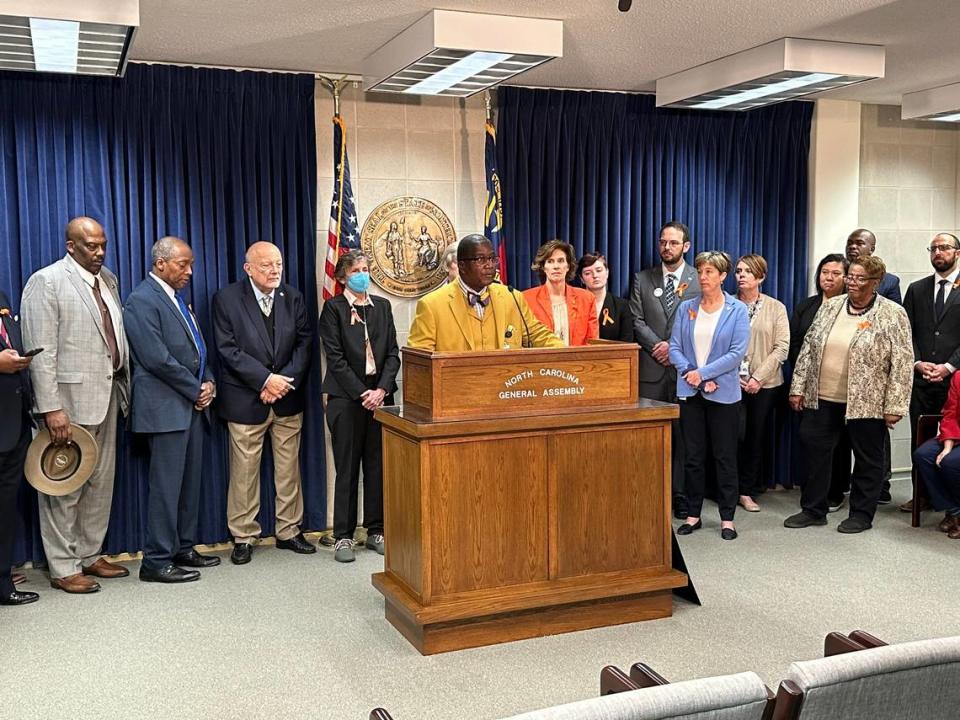 Democratic lawmakers discuss new legislation including a proposed red flag law and expanding the state’s permit requirement to the purchase of long guns, during a press conference at the Legislative Building in Raleigh, N.C. on Tuesday, March 7, 2023.