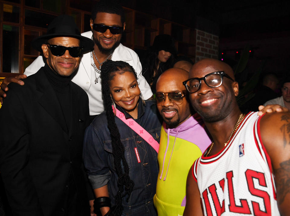 <p>Jimmy Jam, Usher, Janet Jackson and Jermaine Dupri celebrate Jackson's birthday at On The Record at Park MGM in Las Vegas on May 14. </p>