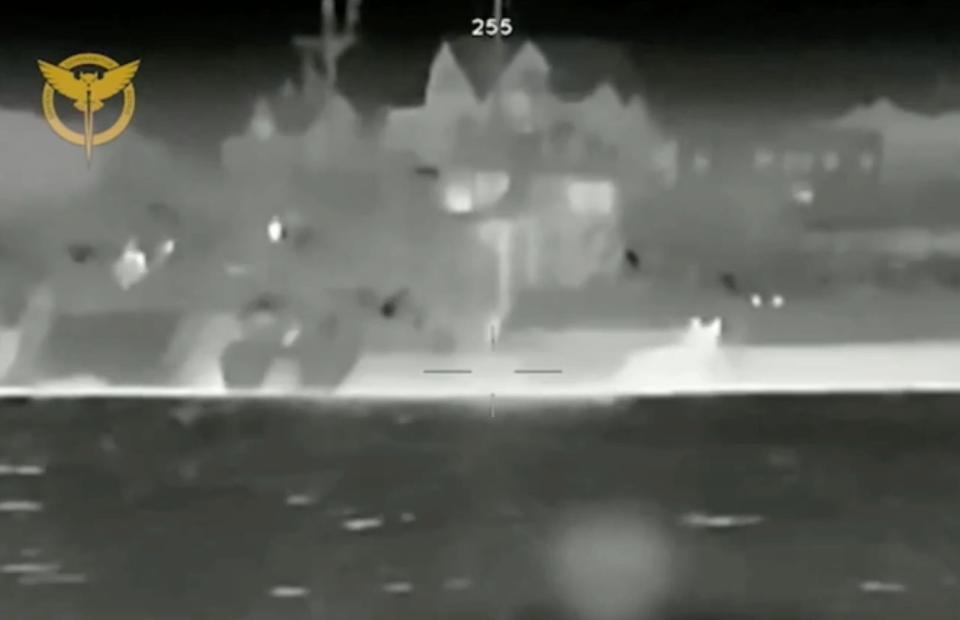 A screenshot from the video released by Ukraine’s military intelligence agency of the sea drone attack against two Russian Black Sea Fleet vessels.