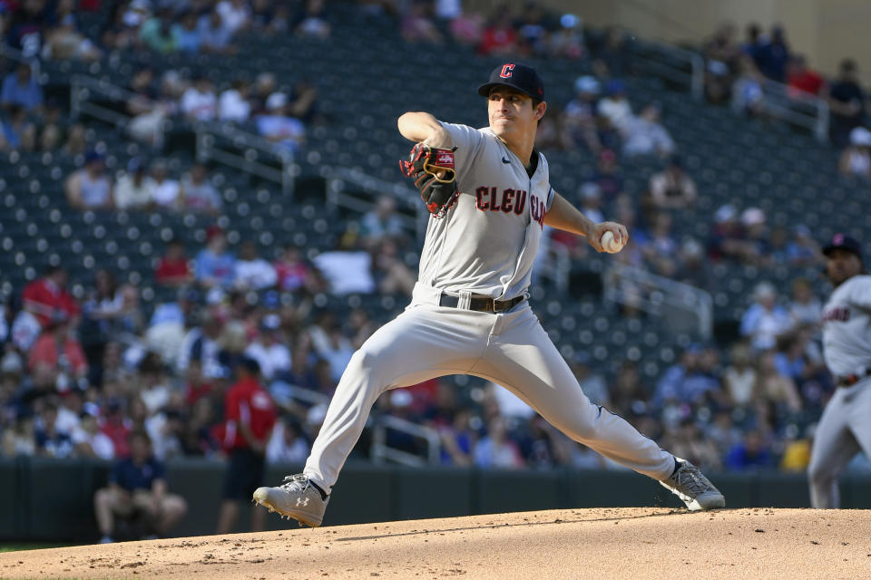 Cleveland Guardians pitcher Logan Allen throws against the Minnesota Twins during the first inning of a baseball game, Saturday, June 3, 2023, in Minneapolis. (AP Photo/Craig Lassig)