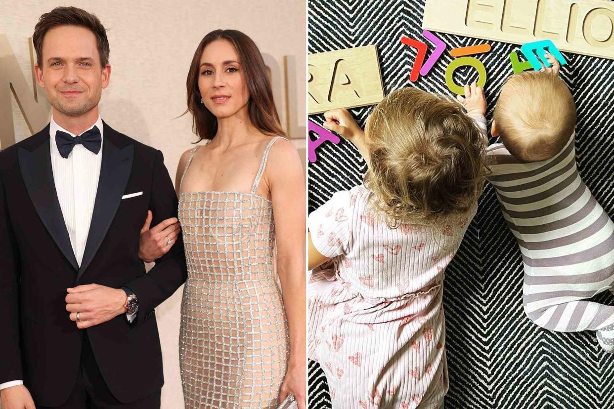 <p>Christopher Polk/Golden Globes 2024/Getty ; Troian Bellisario Instagram</p> Patrick J. Adams and Troian Bellisario at the 81st Golden Globe Awards on January 7, 2024 in Beverly Hills, California. ; Aurora Adams and Elliot Rowena Adams.