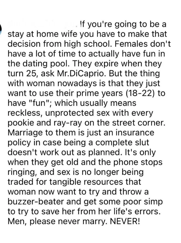 A man saying, "marriage to them is just an insurance policy in case being a complete slut doesn't work out as planned."