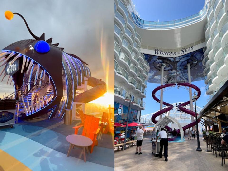 On the left, the fish-shaped entrance to the slide. On the right, a view of the very tall slides.