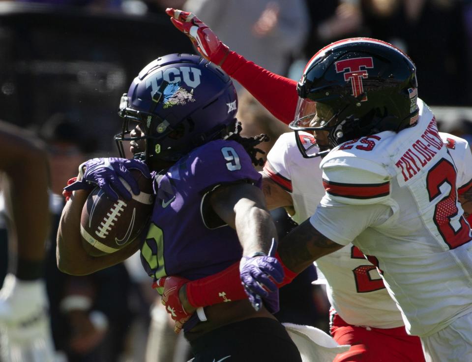 TCU running back Emani Bailey (9) is the Big 12's fourth-leading rusher this season with 851 yards. Texas Tech and safety Dadrion Taylor-Demerson (25) start the last month of the regular season by hosting the Horned Frogs at 6 p.m. Thursday at Jones AT&T Stadium.