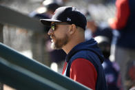 Minnesota Twins manager Rocco Baldelli watches from the dugout during the first inning of a baseball game against the Detroit Tigers, Sunday, Oct. 2, 2022, in Detroit. (AP Photo/Jose Juarez)