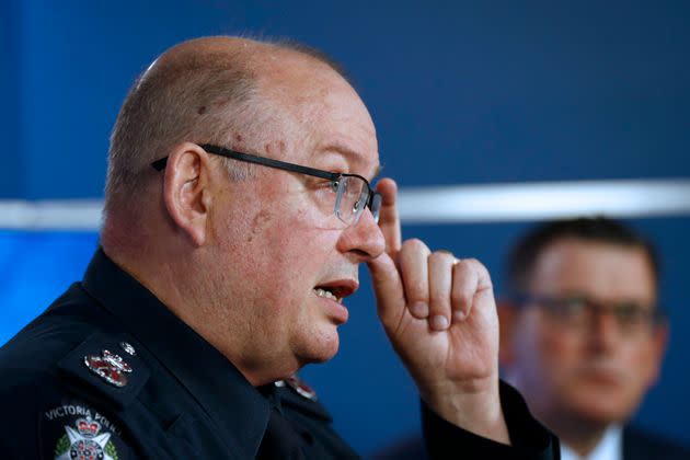 Victoria Police Chief Commissioner Graham Ashton speak to the media during a Media Conference at the Victoria Police Centre on April 23, 2020 in Melbourne, Australia. Four police officers were killed when a truck crashed into them during a roadside stop on the Eastern Freeway in Melbourne on Wednesday night. (Photo by Darrian Traynor/Getty Images)