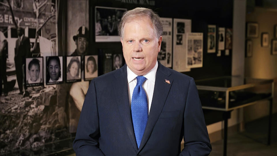 In this image from video, then-Sen. Doug Jones (D-Ala.) speaks during the first night of the Democratic National Convention in August 2020. A dozen of his former Senate colleagues are now advocating for him to become the attorney general of the U.S.  (Photo: Democratic National Convention via AP)