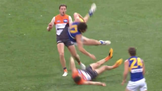 Kelly and Kennedy make huge contact. Pic: Fox Footy