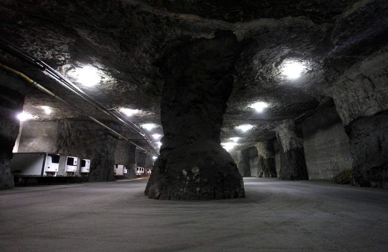 30-foot-by-30-foot pillars fold up the ceiling in the 2.2 million square foot underground storage facility in the Springfield Underground.