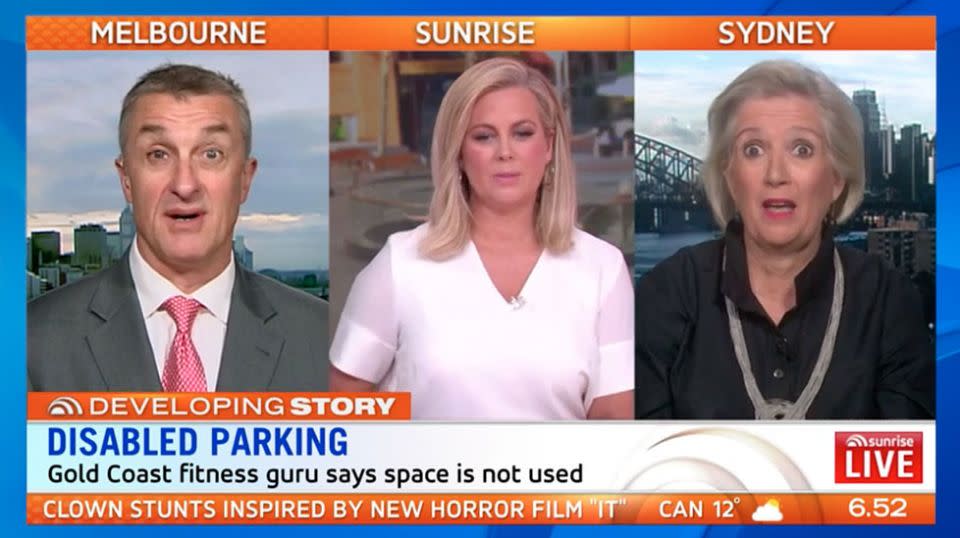 Sunrise guests Tom Elliot and Jane Caro pointed out the irony that Bines, a fitness guru, was unable to walk the length of a car park. Source: Sunrise