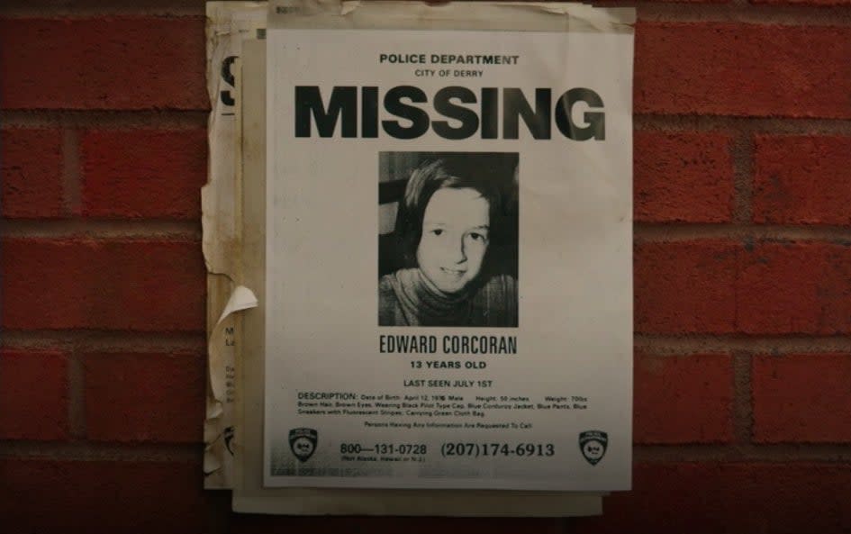 A "Missing" poster of Eddie Corcoran in "It: Chapter One"