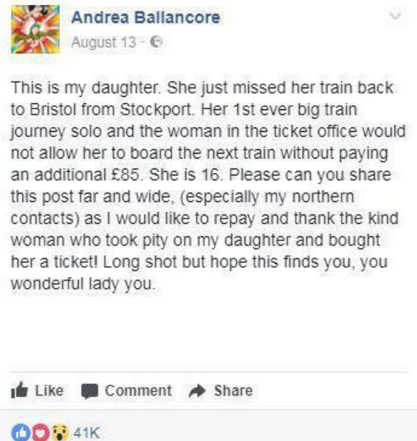 Andrea Ballancore has launched a Facebook appeal (Picture: Facebook)
