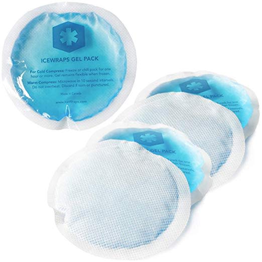 five hot cold circular gel packs on a white background