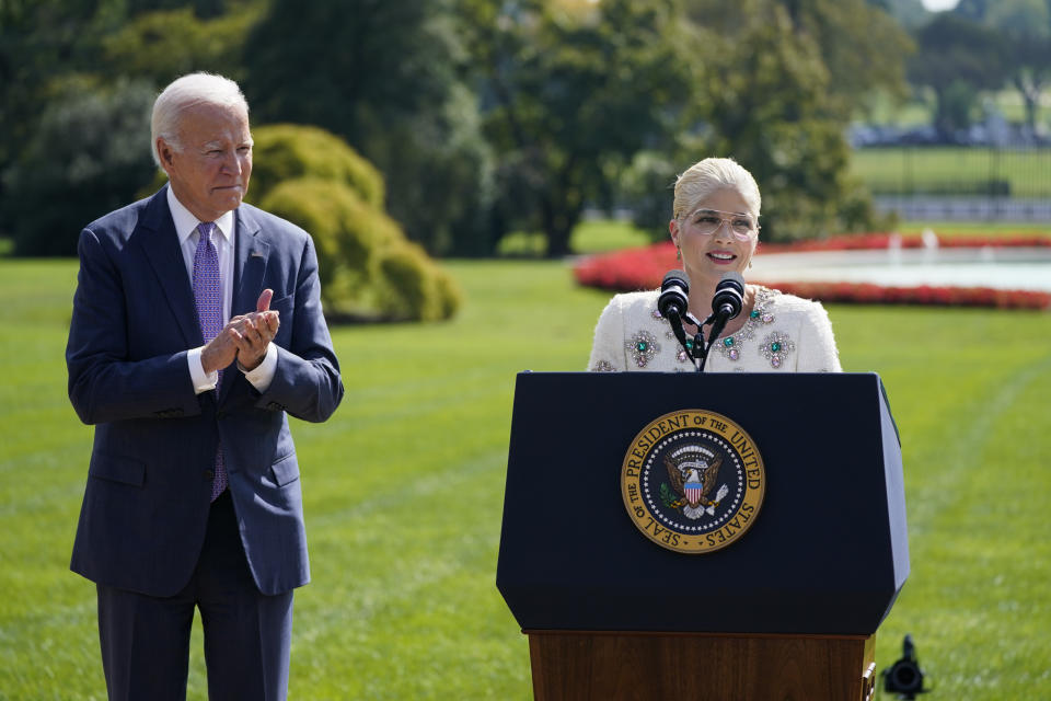 President Joe Biden applauds as actress Selma Blair speaks during an event to celebrate the Americans with Disabilities Act, on the South Lawn of the White House, Monday, Oct. 2, 2023, in Washington. (AP Photo/Evan Vucci)