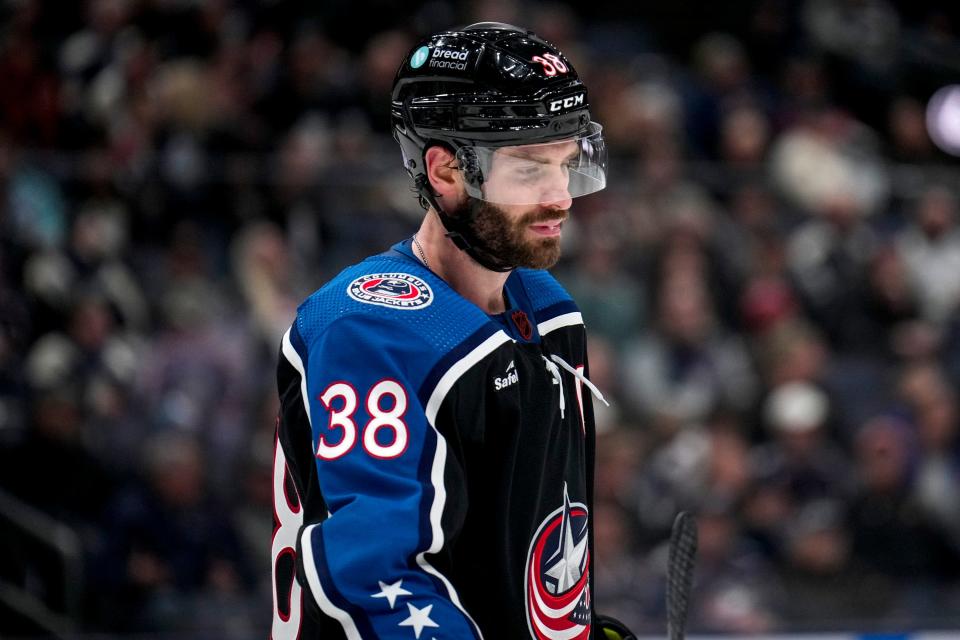 Nov 23, 2022; Columbus, Ohio, United States;  Columbus Blue Jackets forward Boone Jenner (38) reacts to missed goal attempt against the Montreal Canadiens during the third period of the NHL hockey game between the Columbus Blue Jackets and the Montreal Canadiens at Nationwide Arena. Mandatory Credit: Joseph Scheller-The Columbus Dispatch