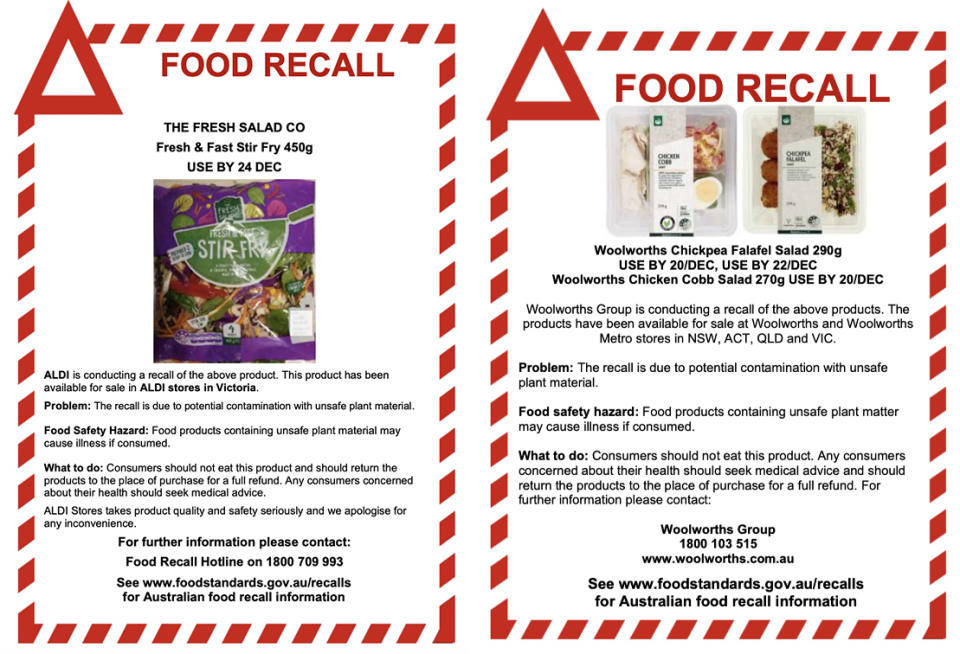 recall notices from Aldi and Woolworths showing the affected products.