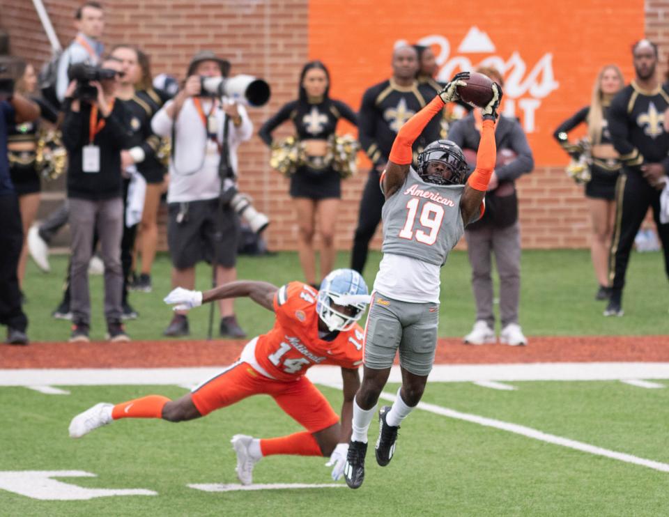 Former Louisville DB Jarvis Brownlee Jr. intercepts a pass during the Senior Bowl in Mobile, Alabama.