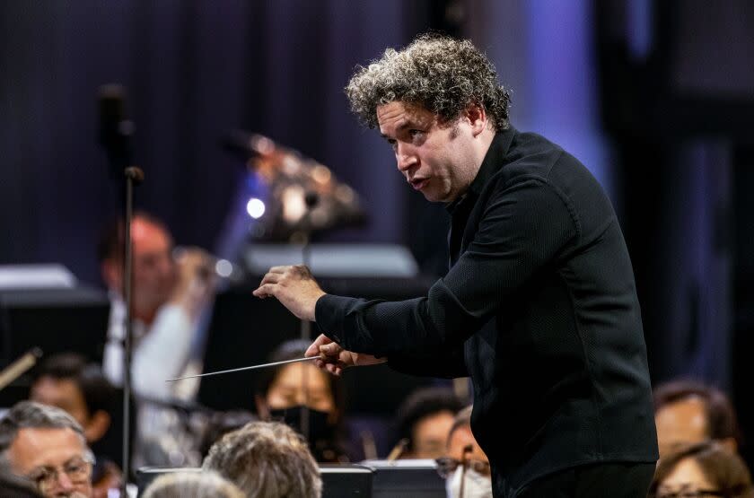 LOS ANGELES, CA - AUGUST 12, 2021: Conductor Gustavo Dudamel conducts the LA Philharmonic at Hollywood Bowl on August 12, 2021 in Los Angeles, California.(Gina Ferazzi / Los Angeles Times)