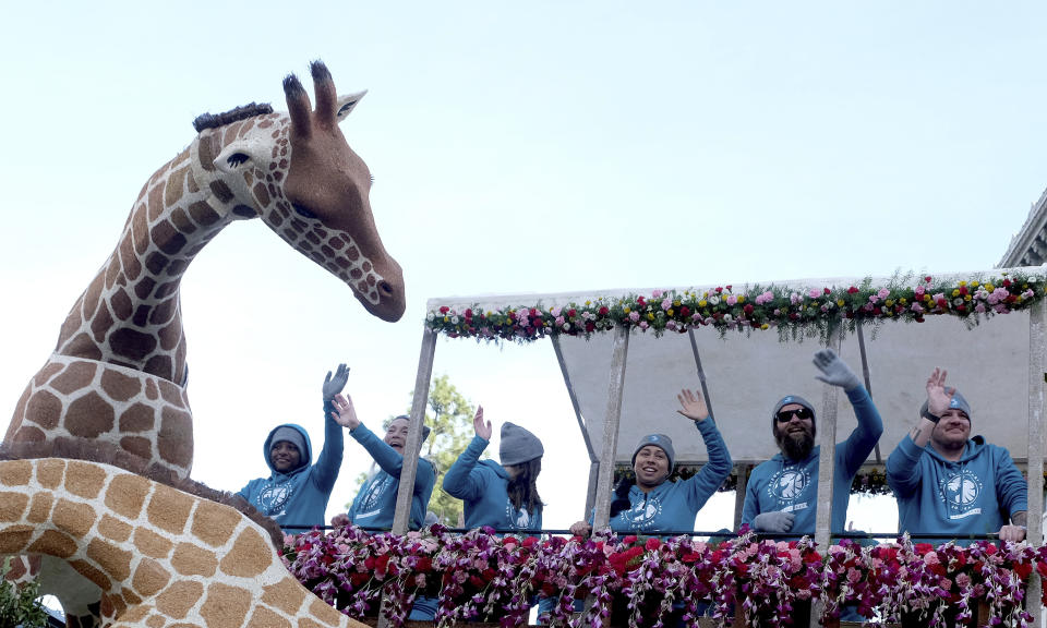 The San Diego Zoo Wildlife Alliance float, "Celebrating 50 Years of Conservation," is seen along Colorado Boulevard during the 134th Rose Parade in Pasadena, Calif., Monday, Jan. 2, 2023. (Dean Musgrove/The Orange County Register via AP)