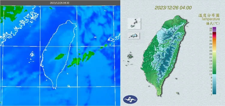 今(26日)晨4：30紅外線色調強化雲圖顯示，陸上無雲(左圖)。4時溫度分布圖顯示，新竹以南至台南局部地區出現低溫，以新竹、苗栗為最低(右圖)。取自氣象應用推廣基金會