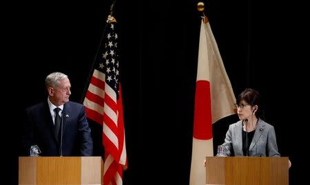 FILE PHOTO: U.S. Defense Secretary Jim Mattis and Japan's Defense Minister Tomomi Inada (R) attend a joint news conference after their meeting at the Defense Ministry in Tokyo, Japan, February 4, 2017. REUTERS/Toru Hanai