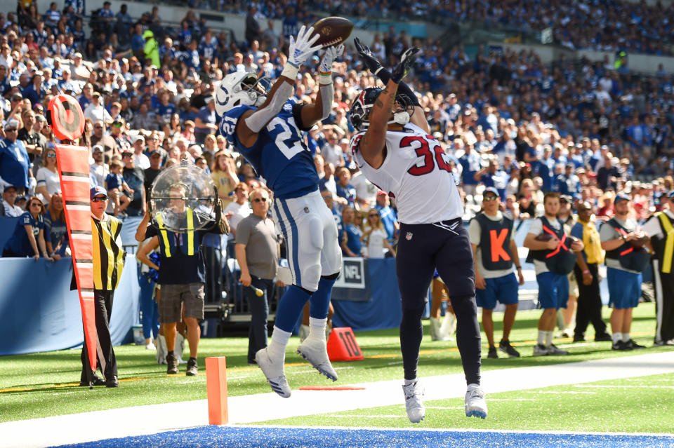 <p>Nyheim Hines #21 of the Indianapolis Colts makes the reception for a touchdown in the third quarter of the game against the Houston Texans at Lucas Oil Stadium on September 30, 2018 in Indianapolis, Indiana. (Photo by Bobby Ellis/Getty Images) </p>