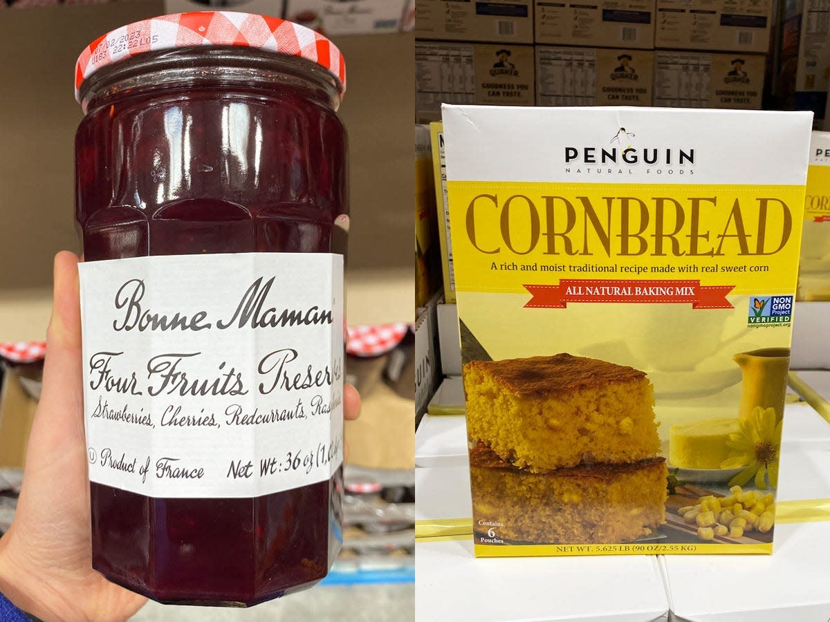 On the left, Hand holding jar of Bonne Mamam fruit preserves at Costco. On the right, yellow box of penguin cornbread on top of a stack at Costco.