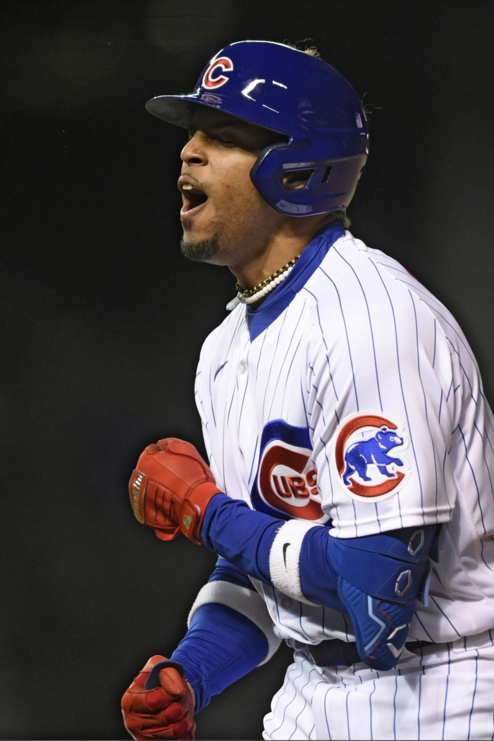 Chicago Cubs' Christopher Morel reacts after hitting a solo home run in his first major league at bat during the eighth inning of a baseball game against the Pittsburgh Pirates Tuesday, May 17, 2022, in Chicago. Chicago won 7-0. (AP Photo/Paul Beaty)