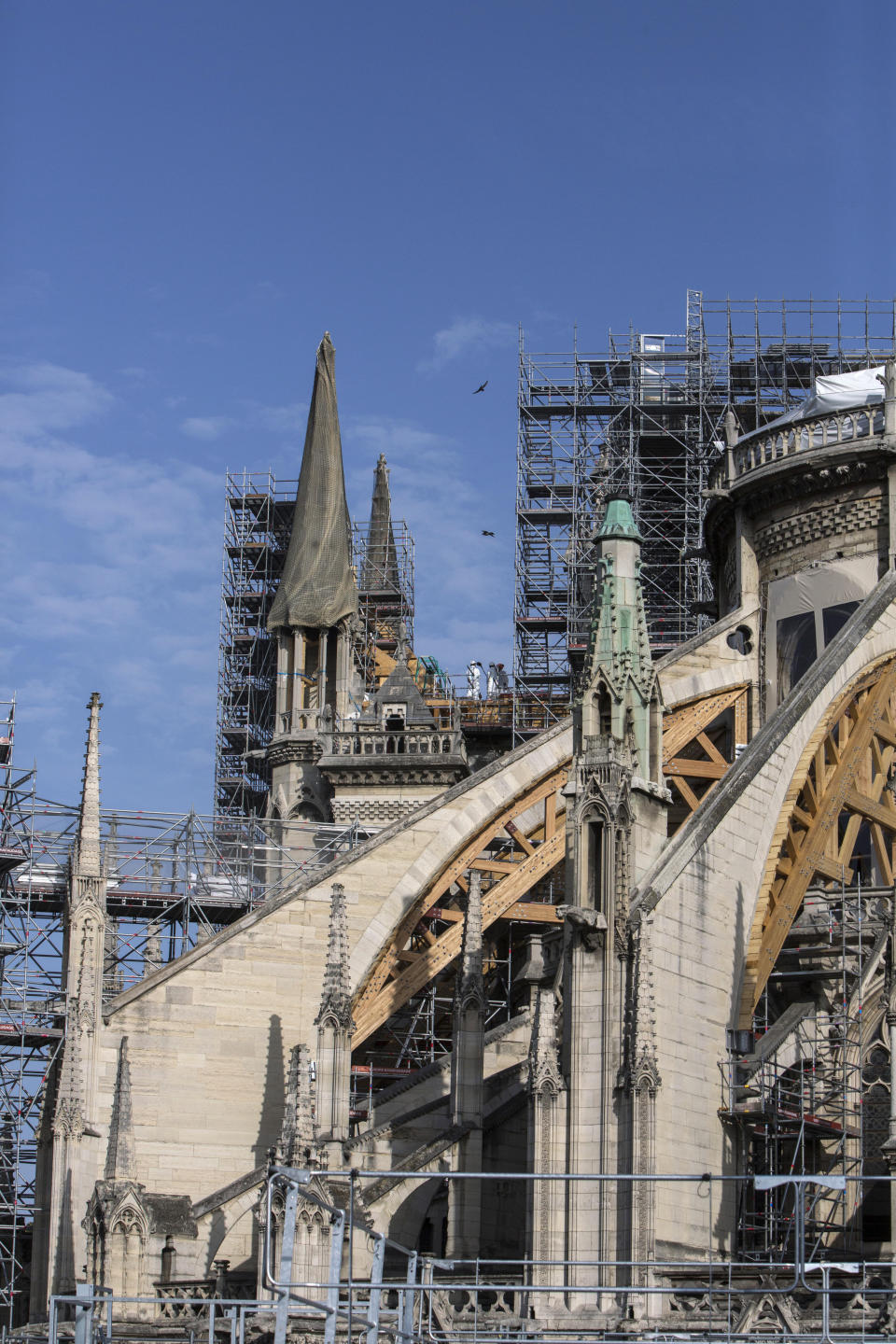 Workers are pictured during preliminary work to repair the fire damage at the Notre-Dame de Paris Cathedral, in Paris, France, Wednesday, July 24, 2019. (AP Photo/Rafael Yaghobzadeh, Pool)