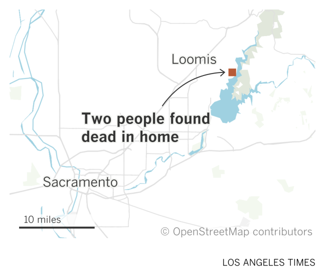 A map of the Sacramento area showing where two people were found dead in a home near Loomis in Placer County