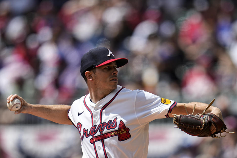 Atlanta Braves pitcher Allan Winans (72) delivers during the first inning of a baseball game against the New York Mets, Thursday, April 11, 2024, in Atlanta. (AP Photo/Mike Stewart)