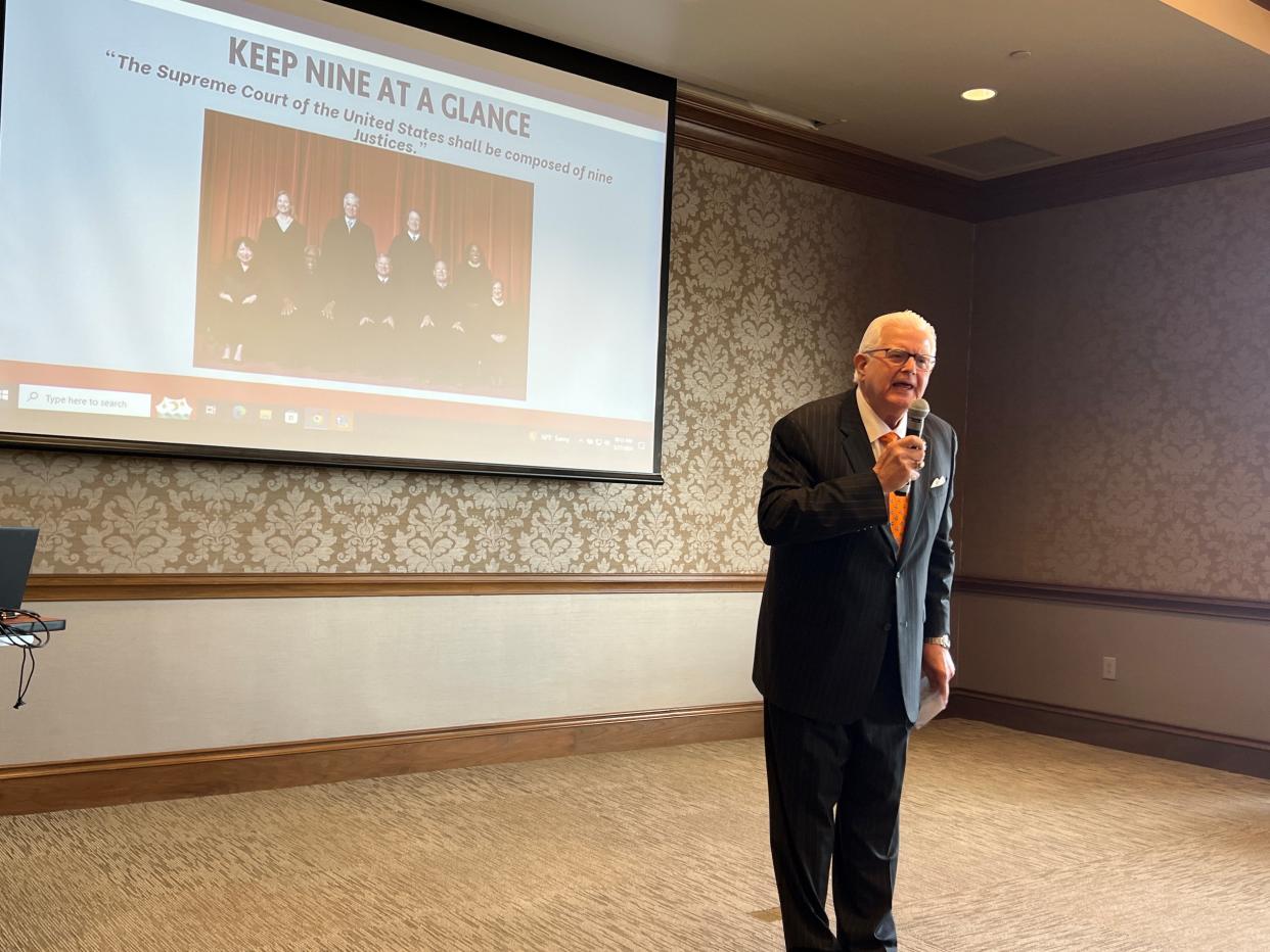 Former Tennessee state Attorney General Paul Summers makes remarks on the Supreme Court to the Pre-Law Society at Belmont University on March 27, 2024.