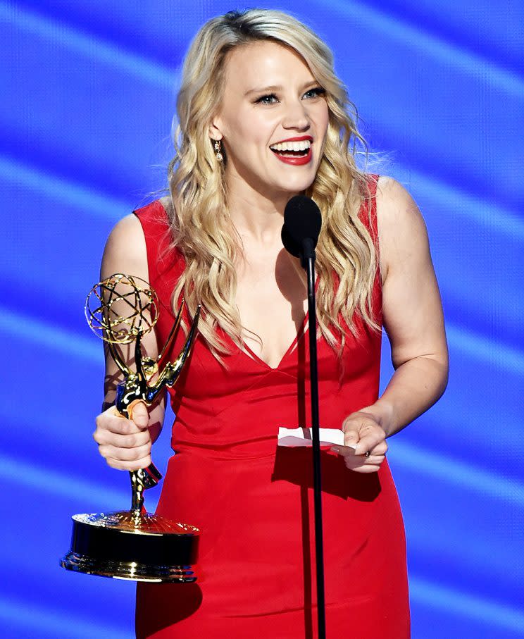 Kate McKinnon accepts the award for Outstanding Supporting Actress in a Comedy Series for Saturday Night Live at the 68th Emmy Awards. (Photo by Vince Bucci/Invision for the Television Academy/AP Images)