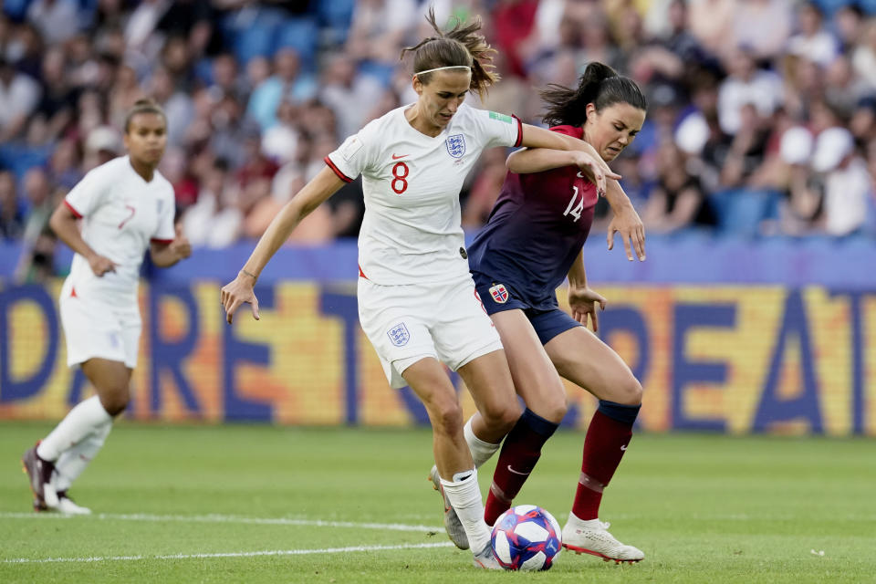 (L-R) Jill Scott of England Women, Ingrid Syrstad Engen of Norway Women during the World Cup Women match between Norway v England at the Stade Oceane on June 27, 2019 in Le Havre France. (Photo by Geert van Erven/Soccrates/Getty Images)