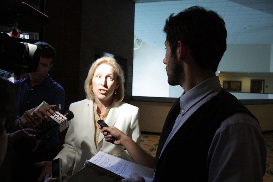 James Nani, with SUNY New Paltz’s Legislative Gazette, interviews U.S. Sen. Kirsten Gillibrand of New York. Richard Watts, <a href="http://creativecommons.org/licenses/by-nd/4.0/" rel="nofollow noopener" target="_blank" data-ylk="slk:CC BY-ND;elm:context_link;itc:0;sec:content-canvas" class="link ">CC BY-ND</a>