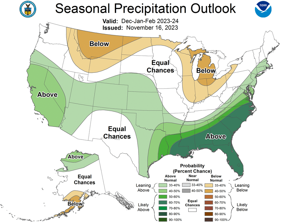 The NOAA Climate Prediction Center's outlook for December through February shows that part of Wisconsin could get below-average precipitation this winter.