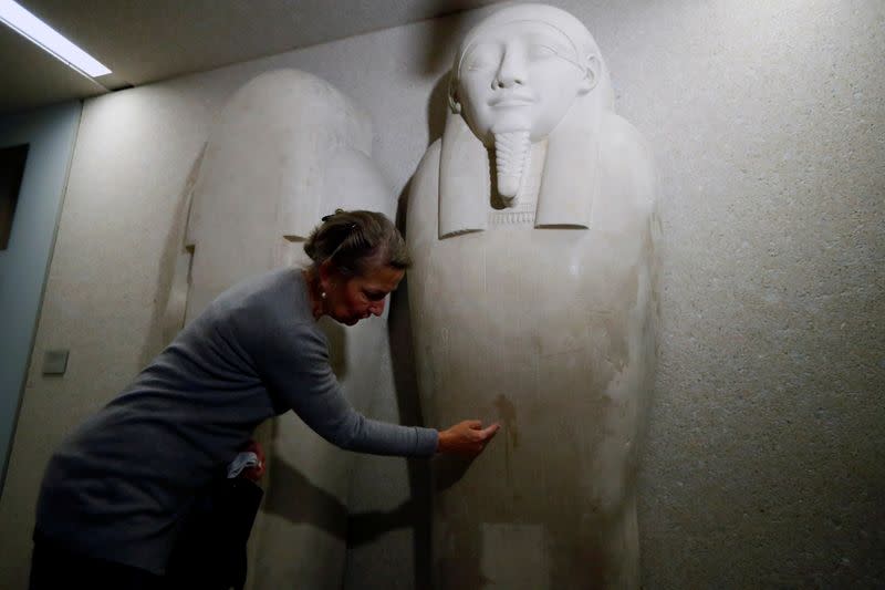 Friederike Seyfried, Director of the Egyptian Museum and Papyrus Collection shows a damaged sarcophagus of the prophet Ahmose in Berlin