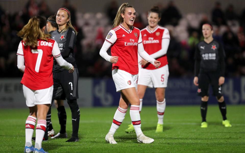 Arsenal celebrate victory over SK Slavia Prague - GETTY IMAGES