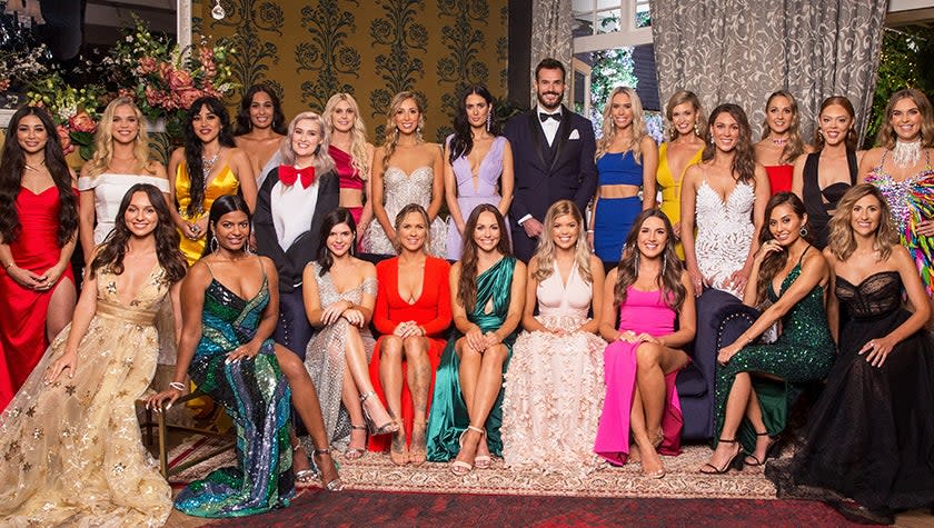 Locky Gilbert and his 23 bachelorettes on The Bachelor Australia 2020. Photo: Channel 10.