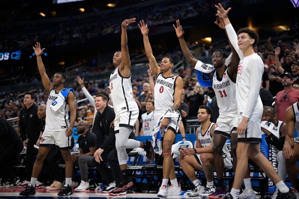 San Diego State players celebrate a teammate's 3-pointer late in the second half of a second-round college basketball game against Furman in the NCAA Tournament, Saturday, March 18, 2023, in Orlando, Fla. (AP Photo/Phelan M. Ebenhack)