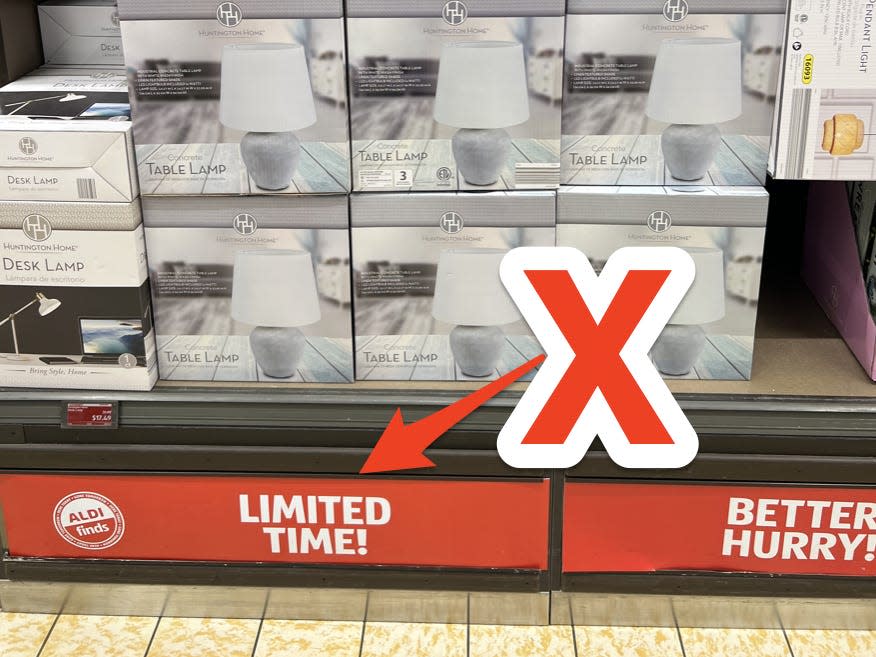 Aldi Finds aisle with a red arrow and X pointing to a "limited time" sign
