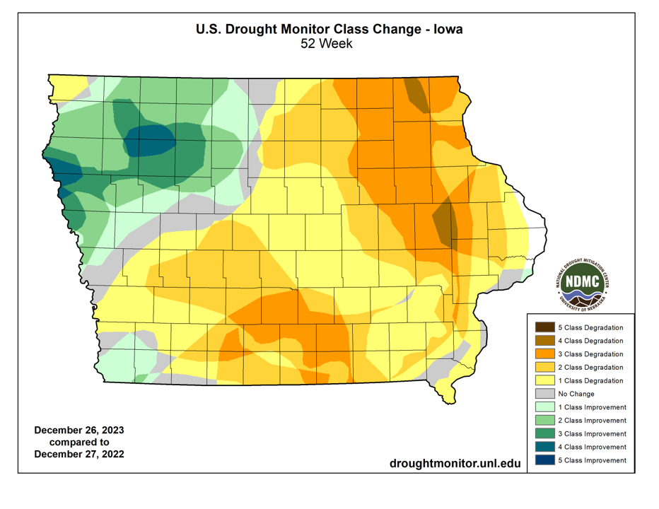 A map from the U.S. Drought Monitor shows most of Iowa has moved into more severe drought at the end of 2023 compared to the end of 2022.