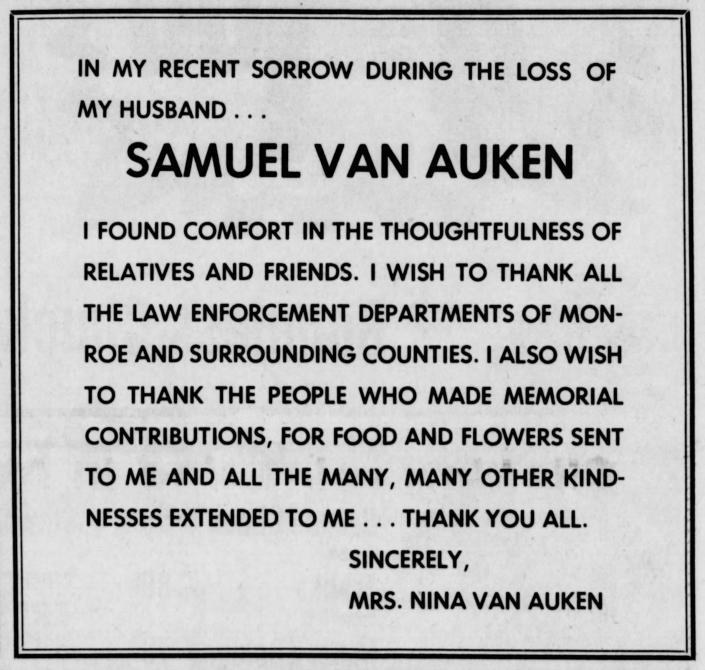 A tribute for Samuel Van Auken published in the Pocono Record following his death in 1974.